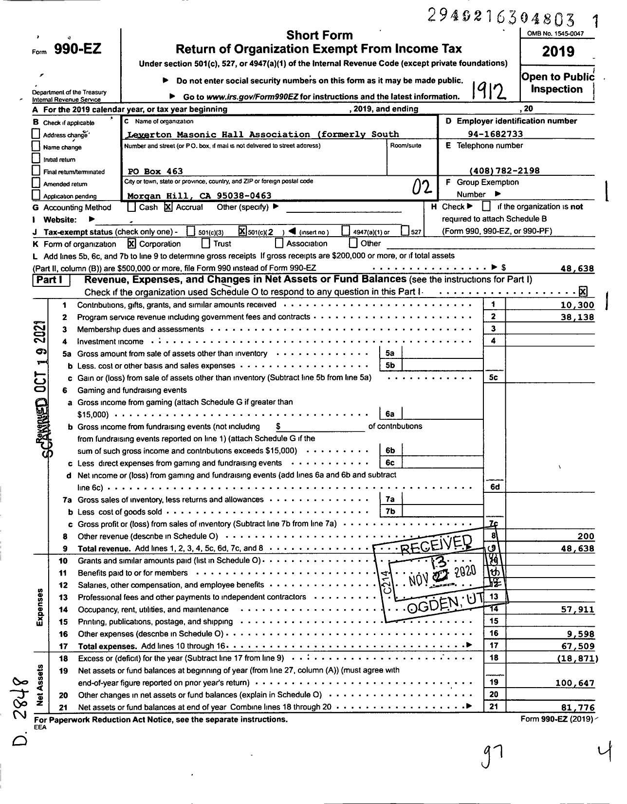 Image of first page of 2019 Form 990EO for South Valley Masonic Hall Association