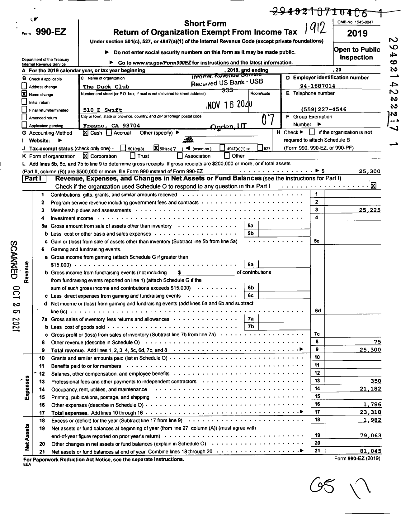 Image of first page of 2019 Form 990EO for The Duck Club