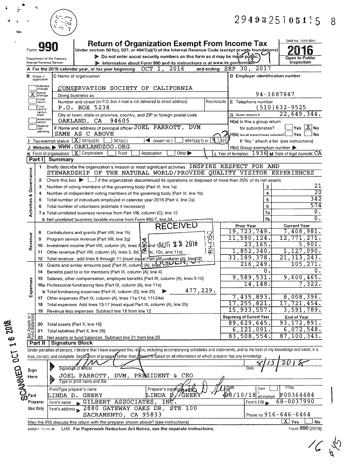 Image of first page of 2016 Form 990 for Conservation Society of California