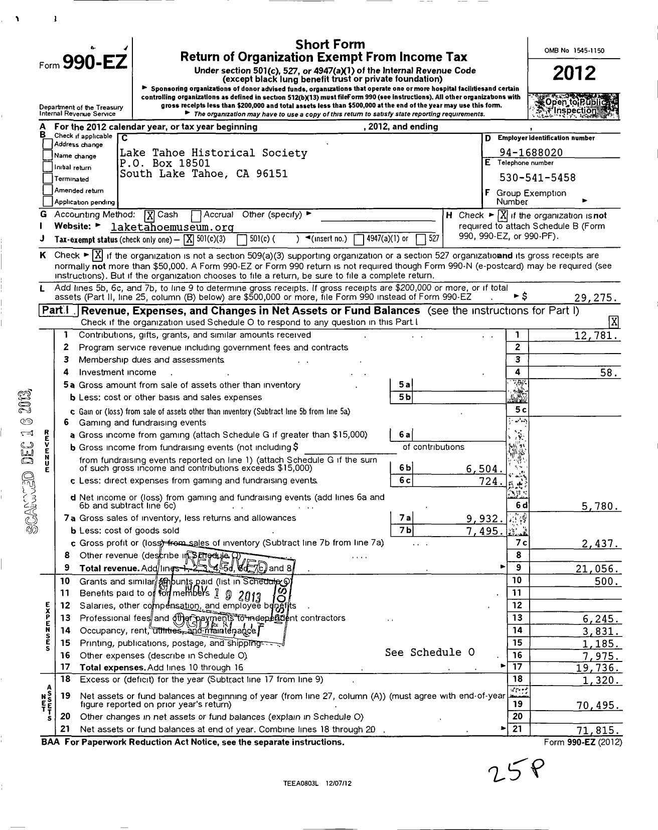 Image of first page of 2012 Form 990EZ for Lake Tahoe Historical Society