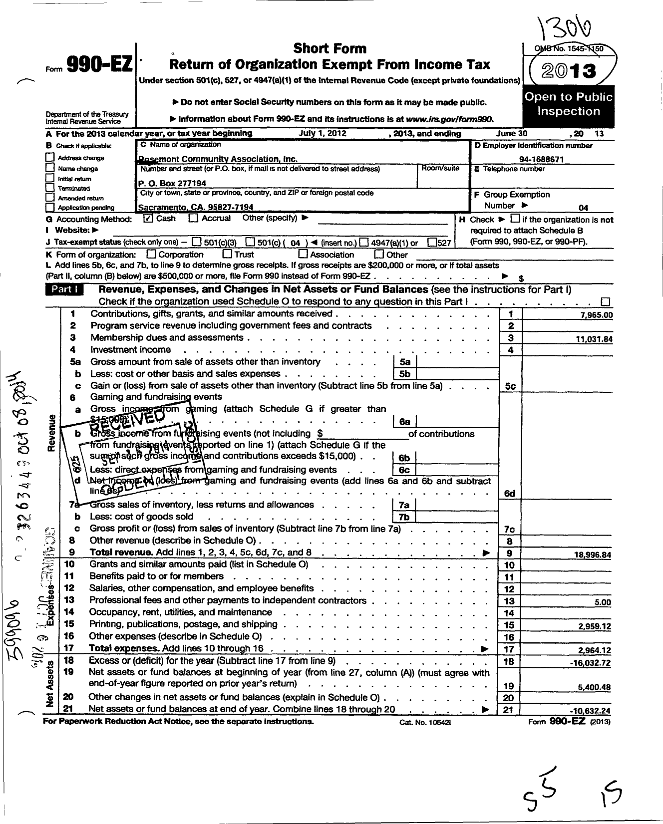 Image of first page of 2012 Form 990EO for Rosemont Community Association