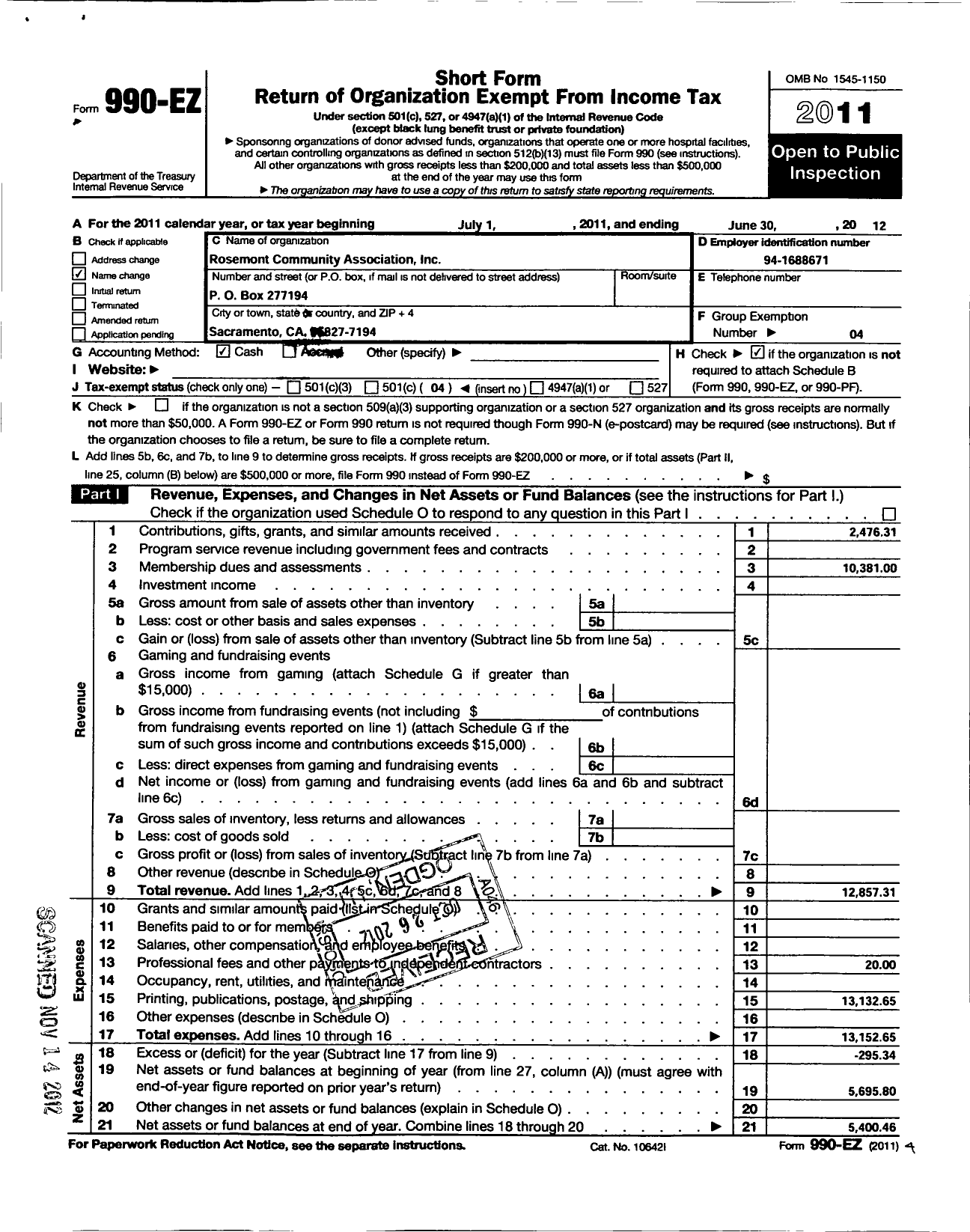 Image of first page of 2011 Form 990EO for Rosemont Community Association