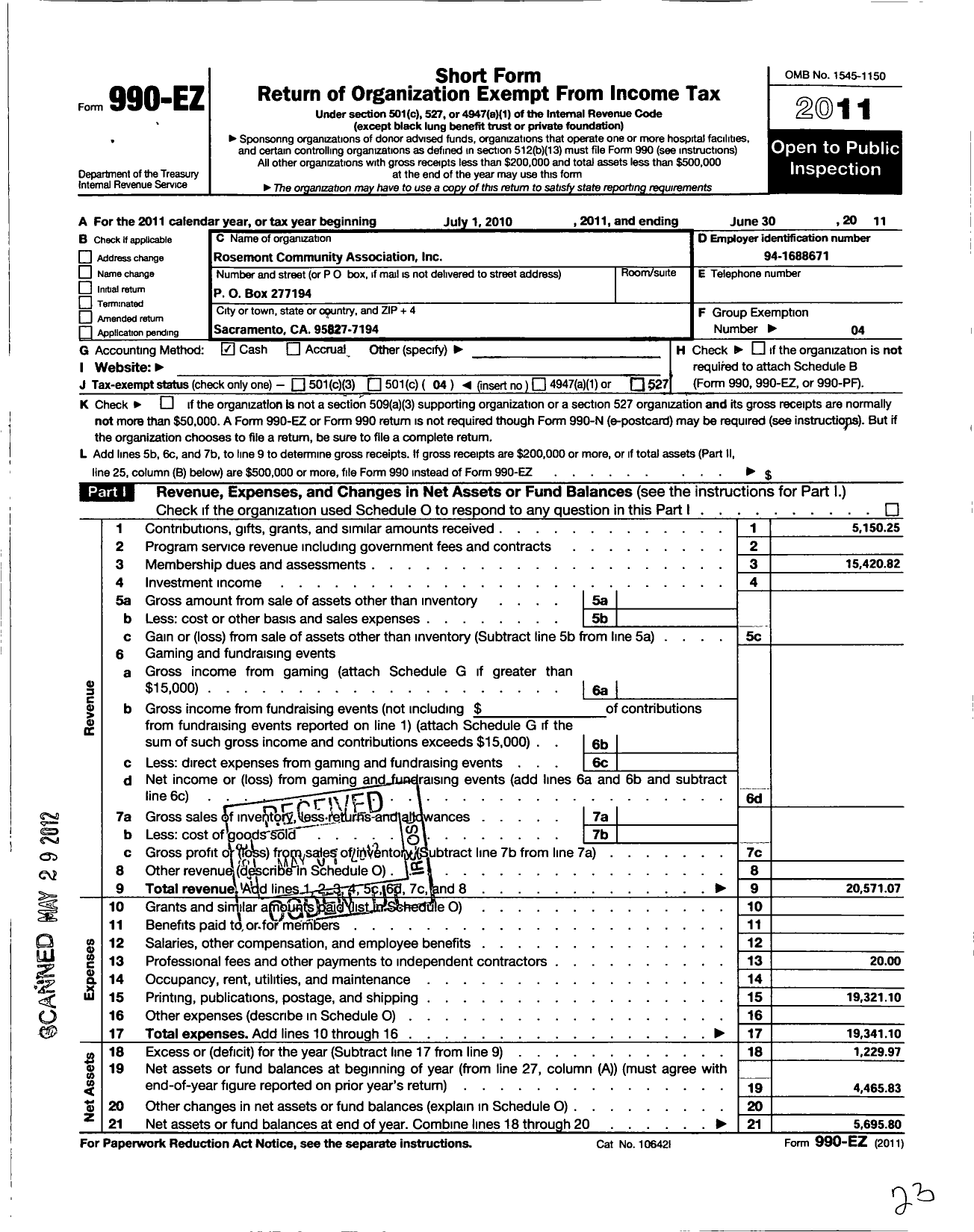 Image of first page of 2010 Form 990EO for Rosemont Community Association