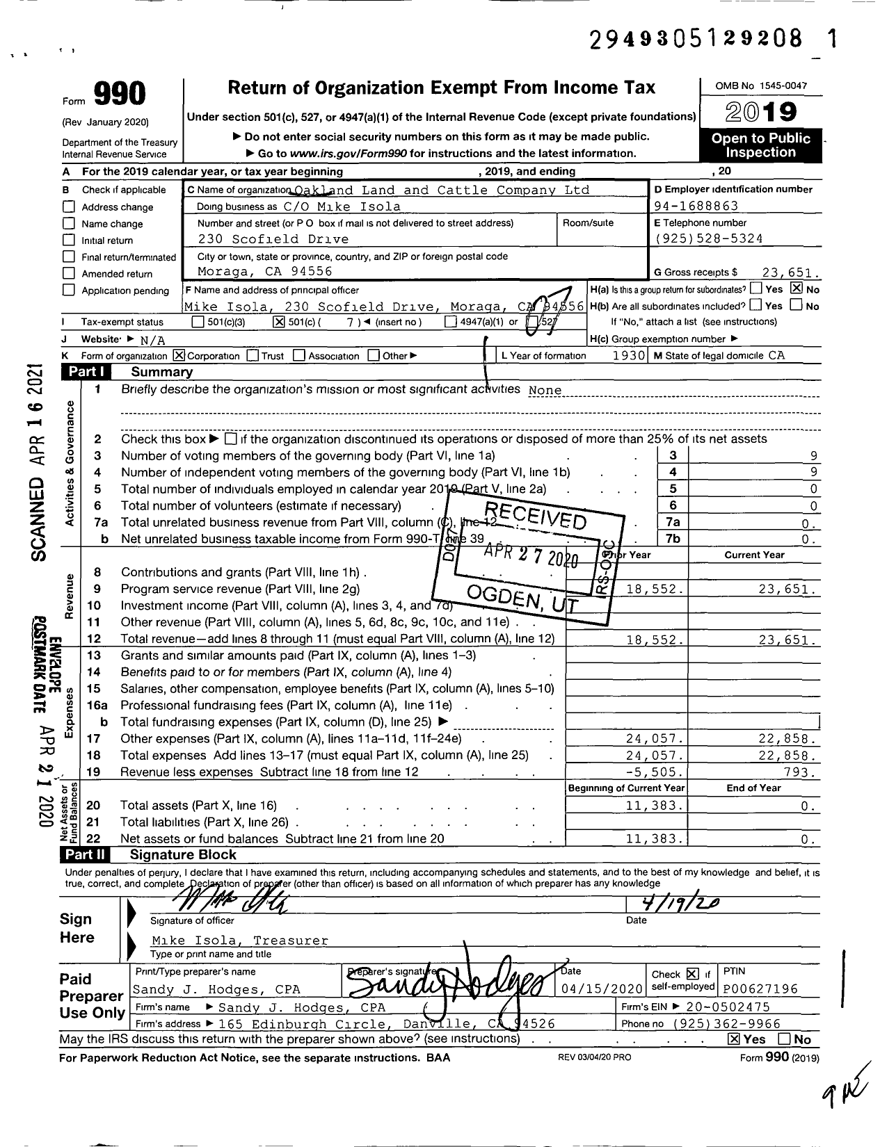 Image of first page of 2019 Form 990O for Oakland Land and Cattle Company