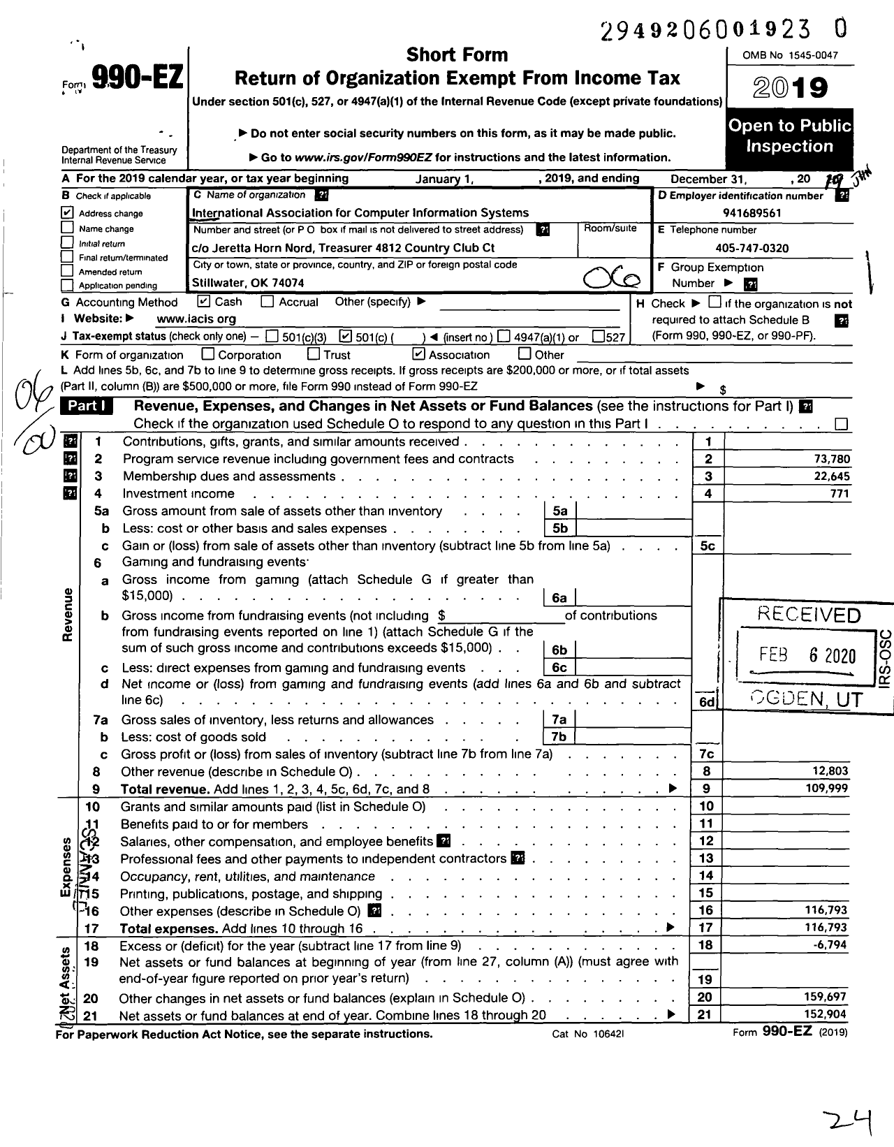 Image of first page of 2019 Form 990EO for International Association for Computer Information Systems