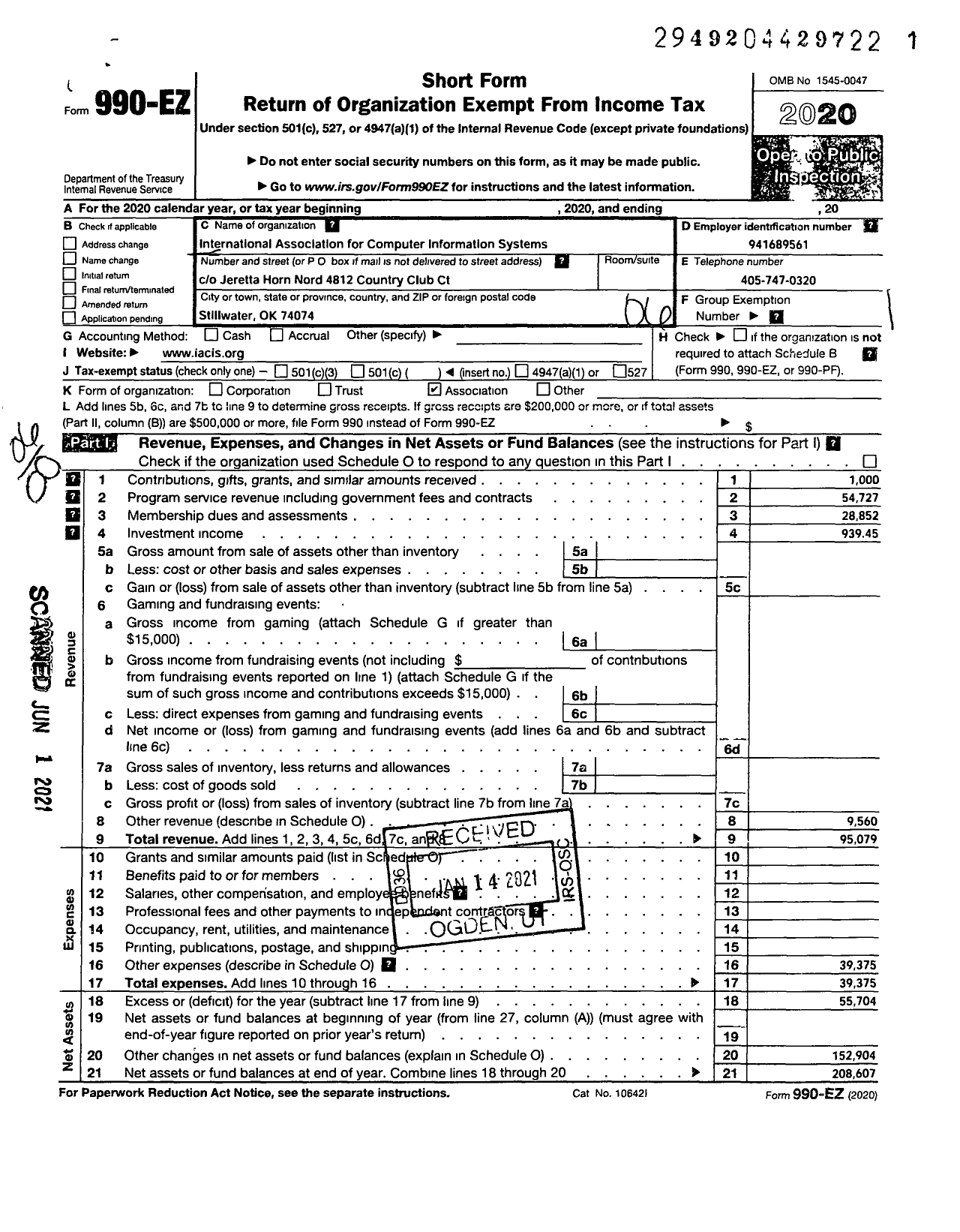 Image of first page of 2020 Form 990EO for International Association for Computer Information Systems