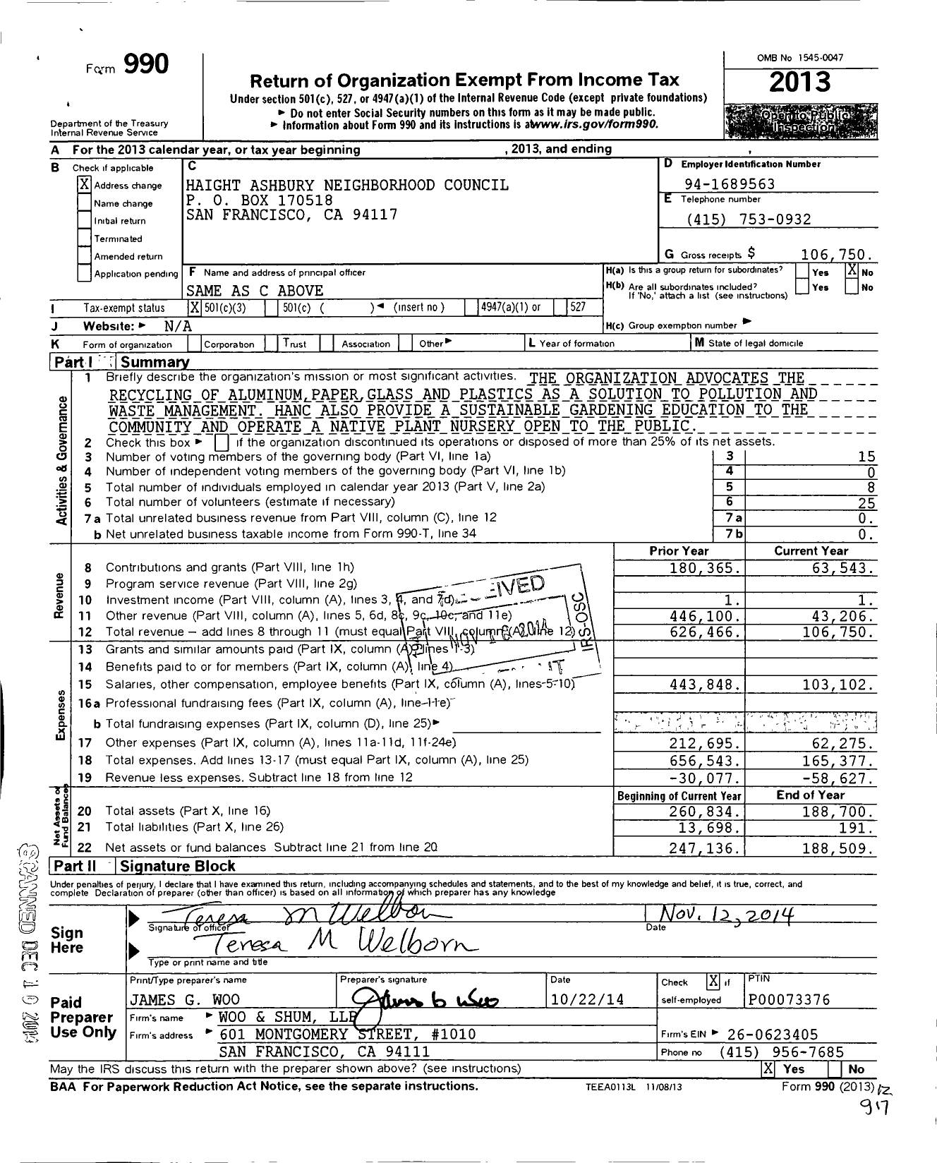 Image of first page of 2013 Form 990 for Haight-Ashbury Neighborhood Council