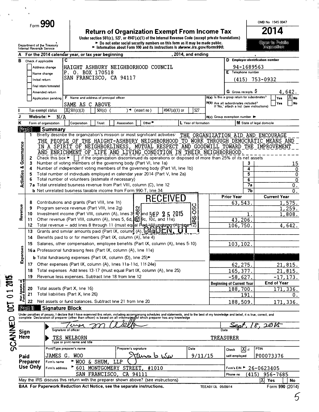 Image of first page of 2014 Form 990 for Haight-Ashbury Neighborhood Council