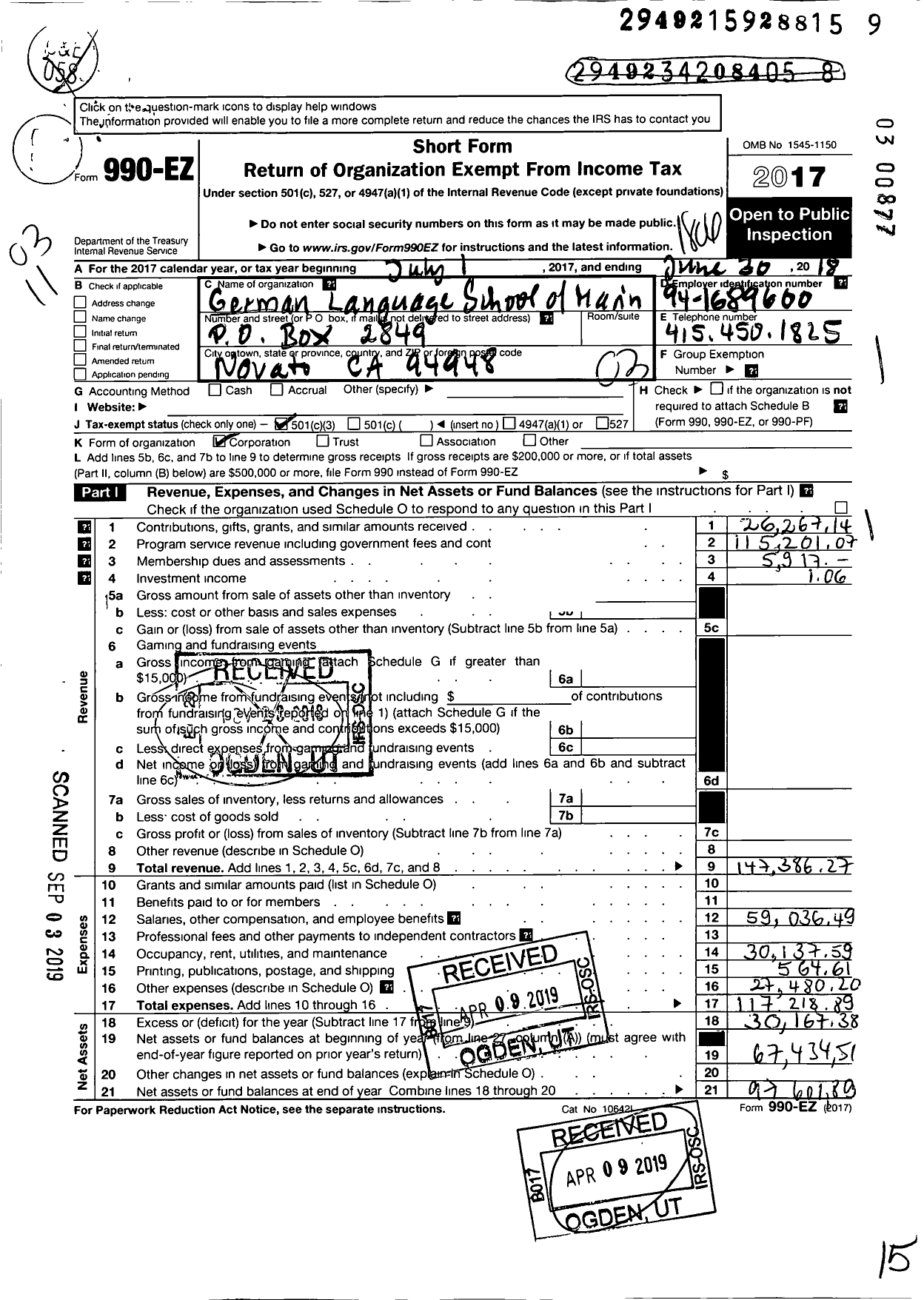 Image of first page of 2017 Form 990EZ for German Language School of Marin