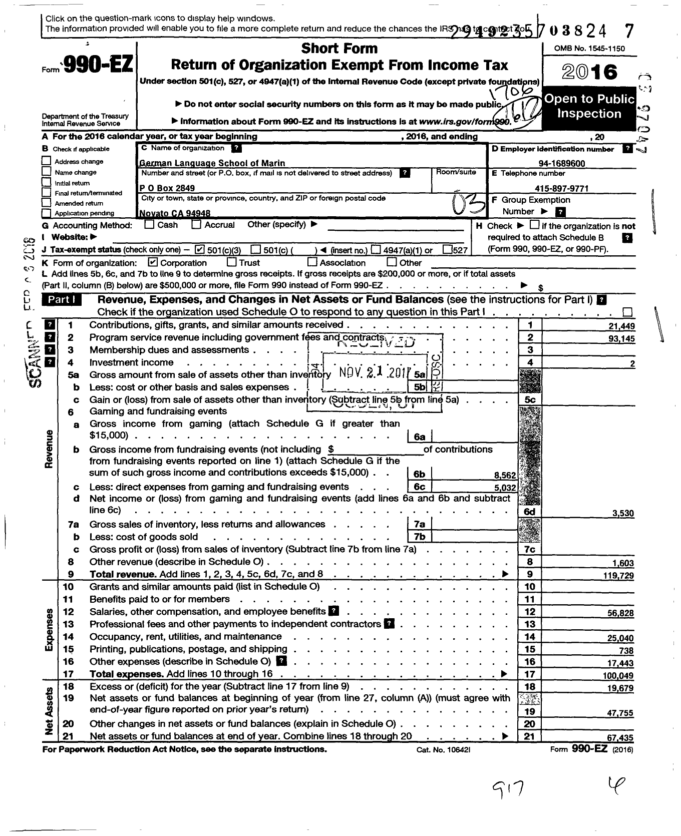 Image of first page of 2016 Form 990EZ for German Language School of Marin