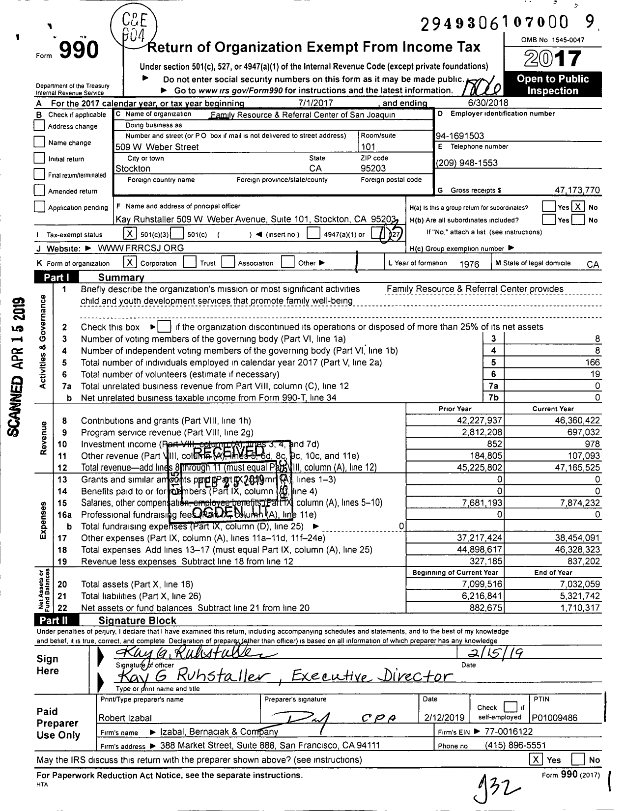 Image of first page of 2017 Form 990 for Family Resource Center / Family Resource & Referral Center of San Joaquin (FRRCSJ)