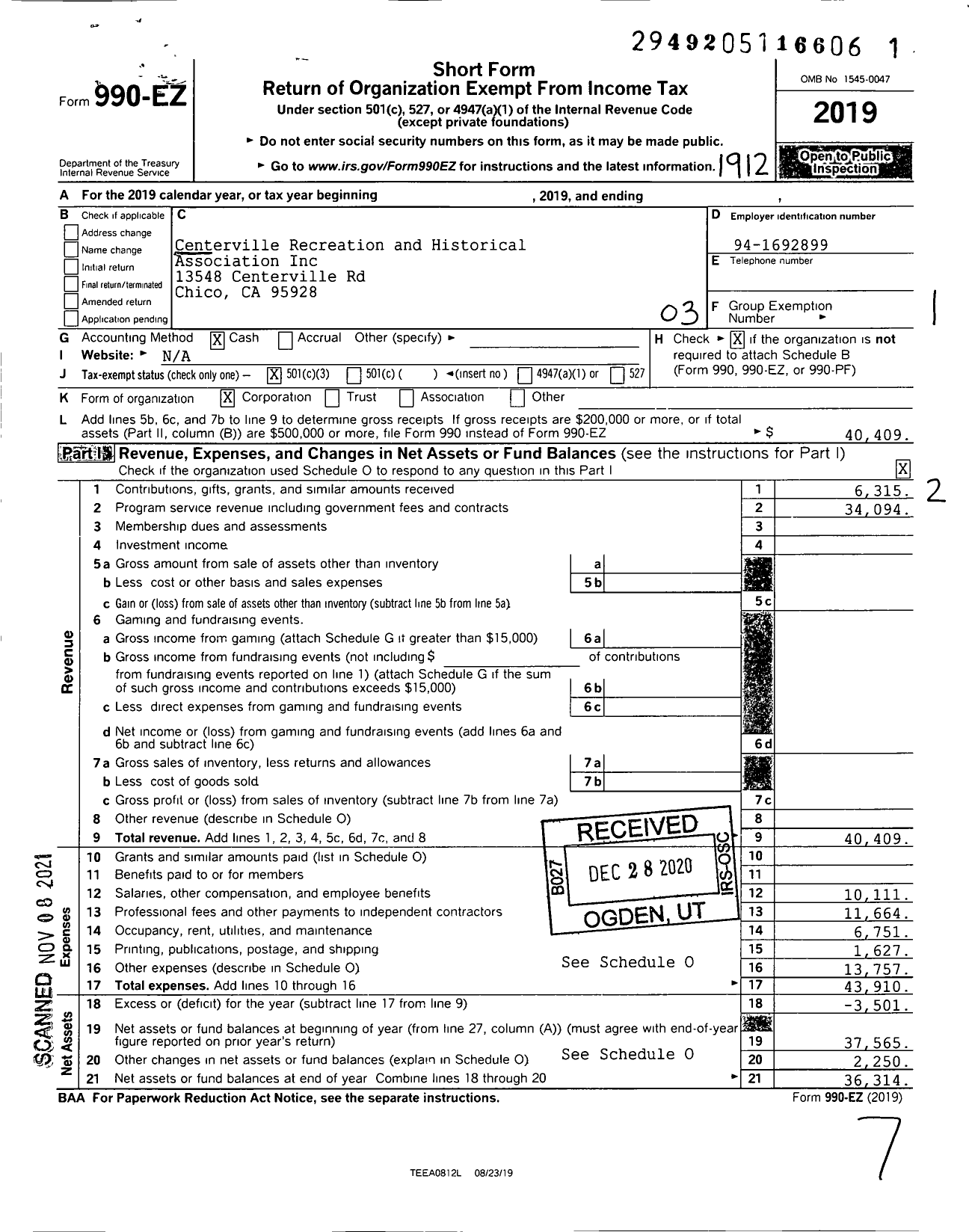 Image of first page of 2019 Form 990EZ for Centerville Recreation and Historical Association