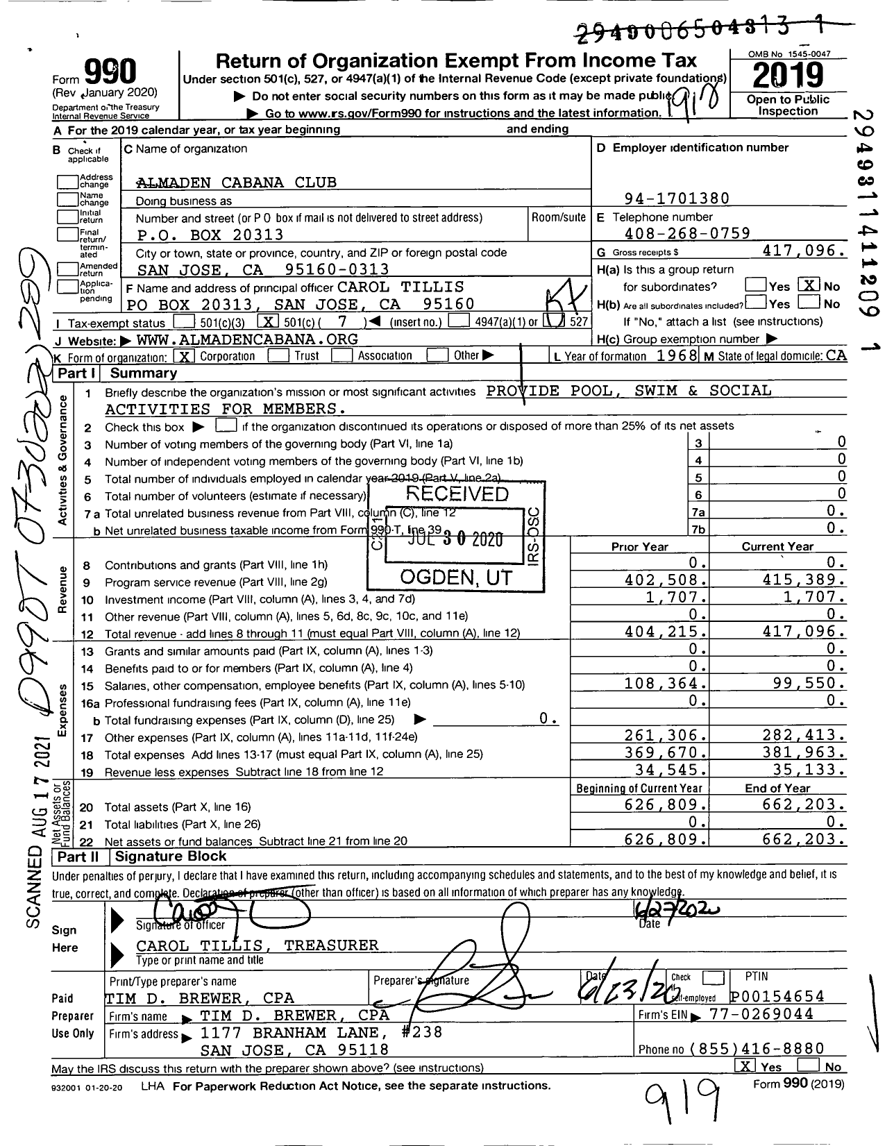 Image of first page of 2019 Form 990O for Almaden Cabana Club