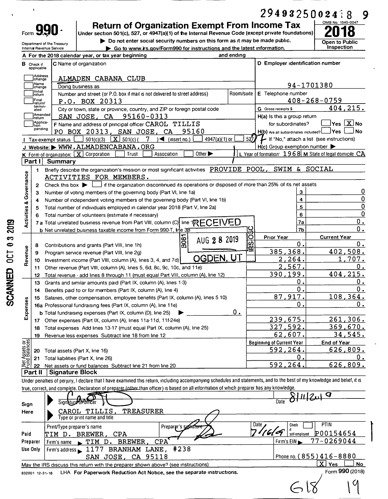 Image of first page of 2018 Form 990O for Almaden Cabana Club