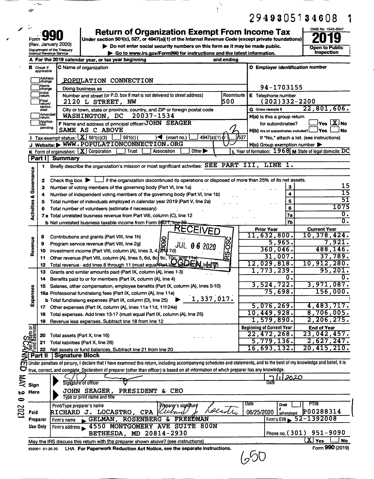 Image of first page of 2019 Form 990 for Population Connection