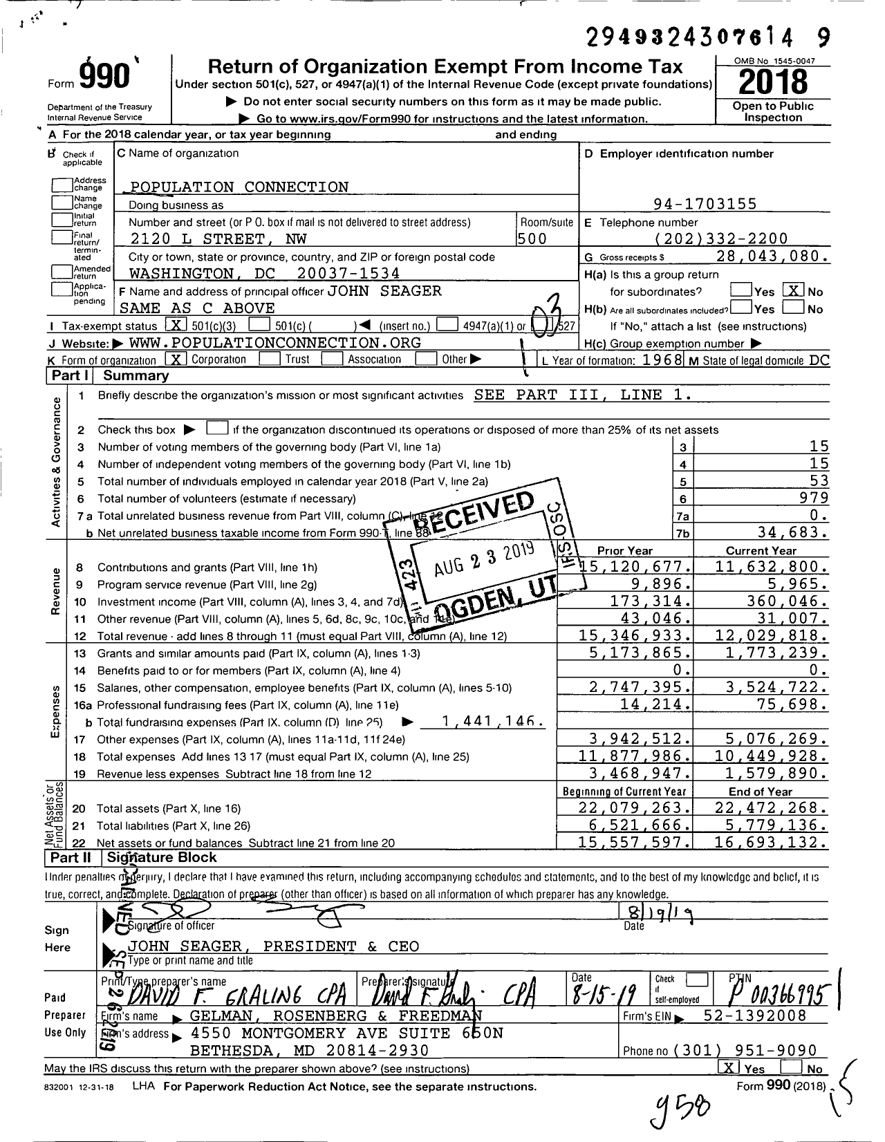 Image of first page of 2018 Form 990 for Population Connection