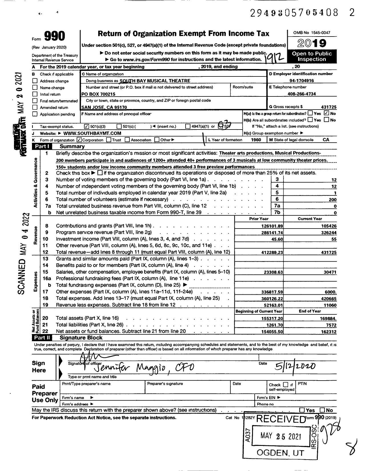 Image of first page of 2019 Form 990 for South Bay Musical Theatre