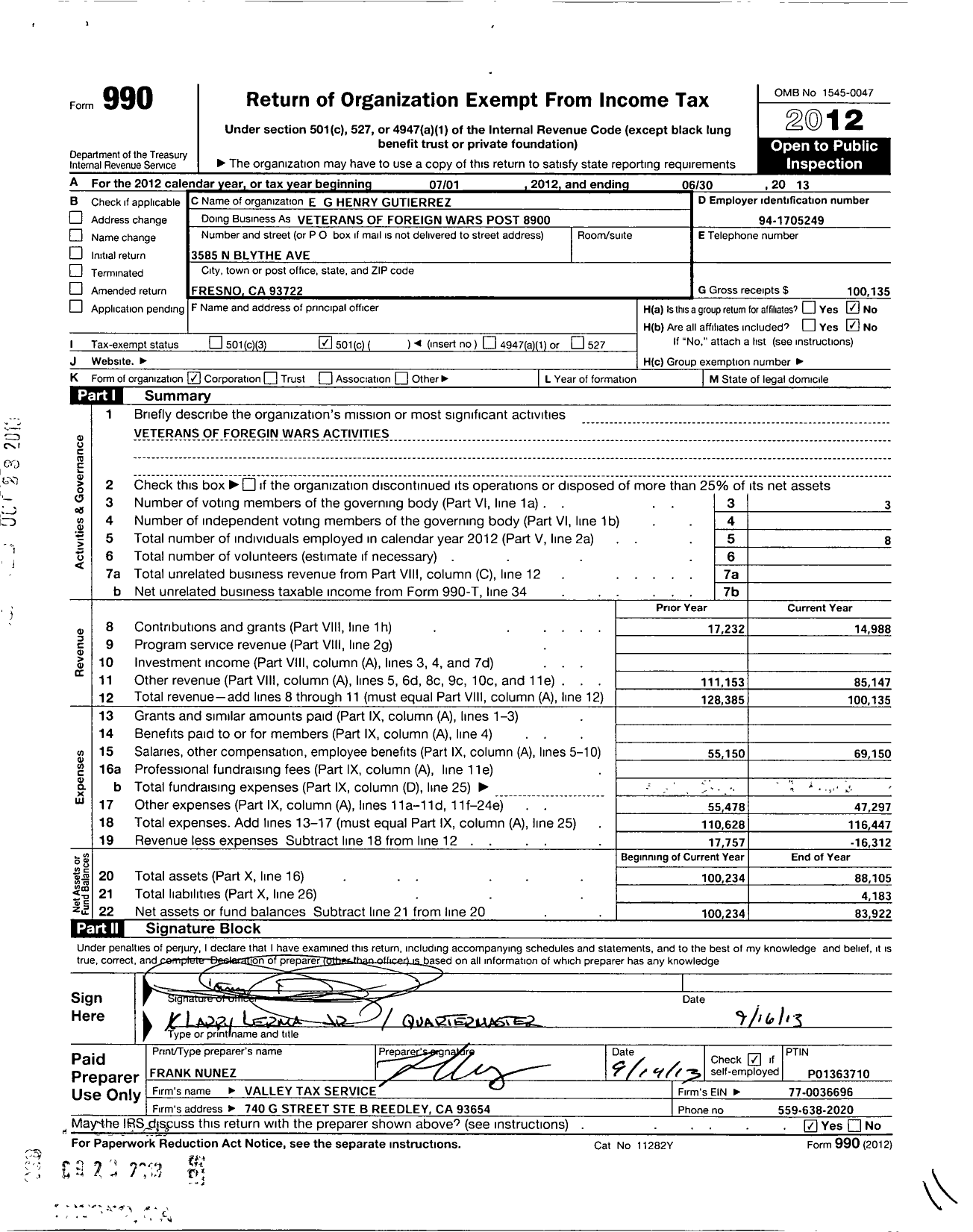 Image of first page of 2012 Form 990O for VFW California Department - 8900 Eg Henry Gutierrez Post