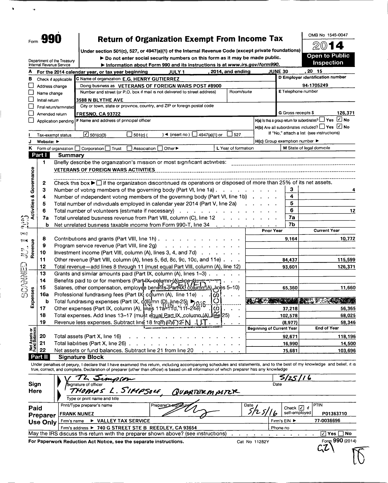 Image of first page of 2014 Form 990 for VFW California Department - 8900 Eg Henry Gutierrez Post