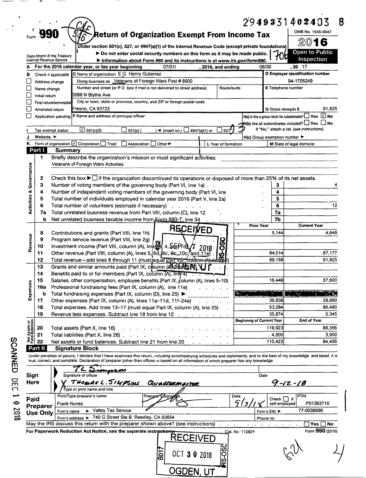 Image of first page of 2016 Form 990 for VFW California Department - 8900 Eg Henry Gutierrez Post