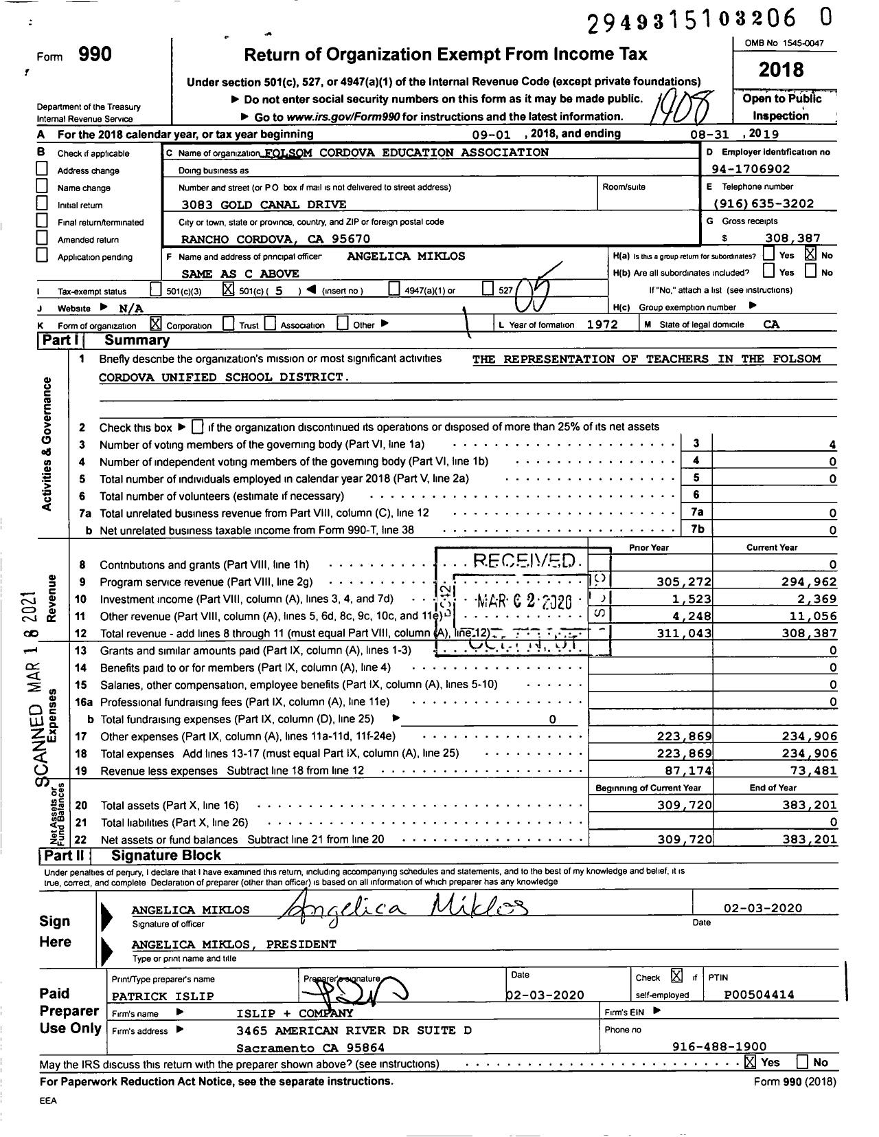 Image of first page of 2018 Form 990O for California Teachers Association - Folsom Cordova Education Assn