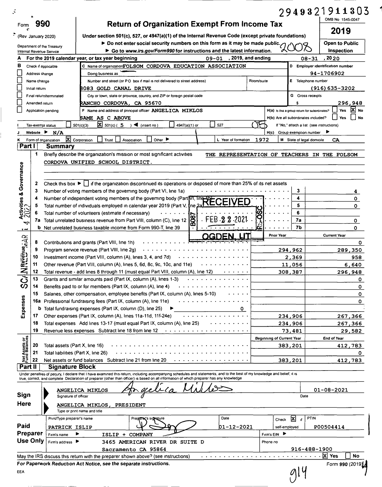 Image of first page of 2019 Form 990O for California Teachers Association - Folsom Cordova Education Assn