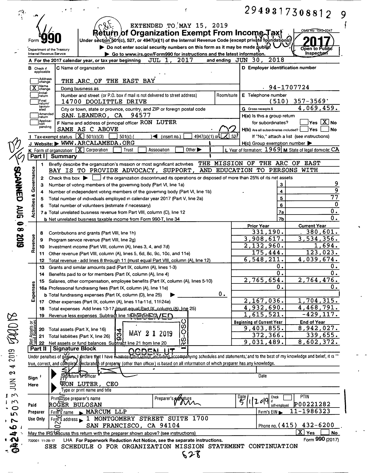 Image of first page of 2017 Form 990 for The Arc of The East Bay