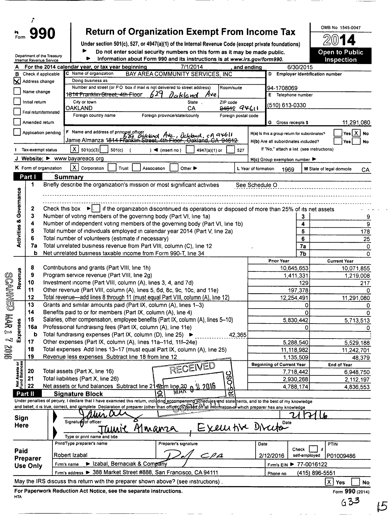 Image of first page of 2014 Form 990 for Bay Area Community Services