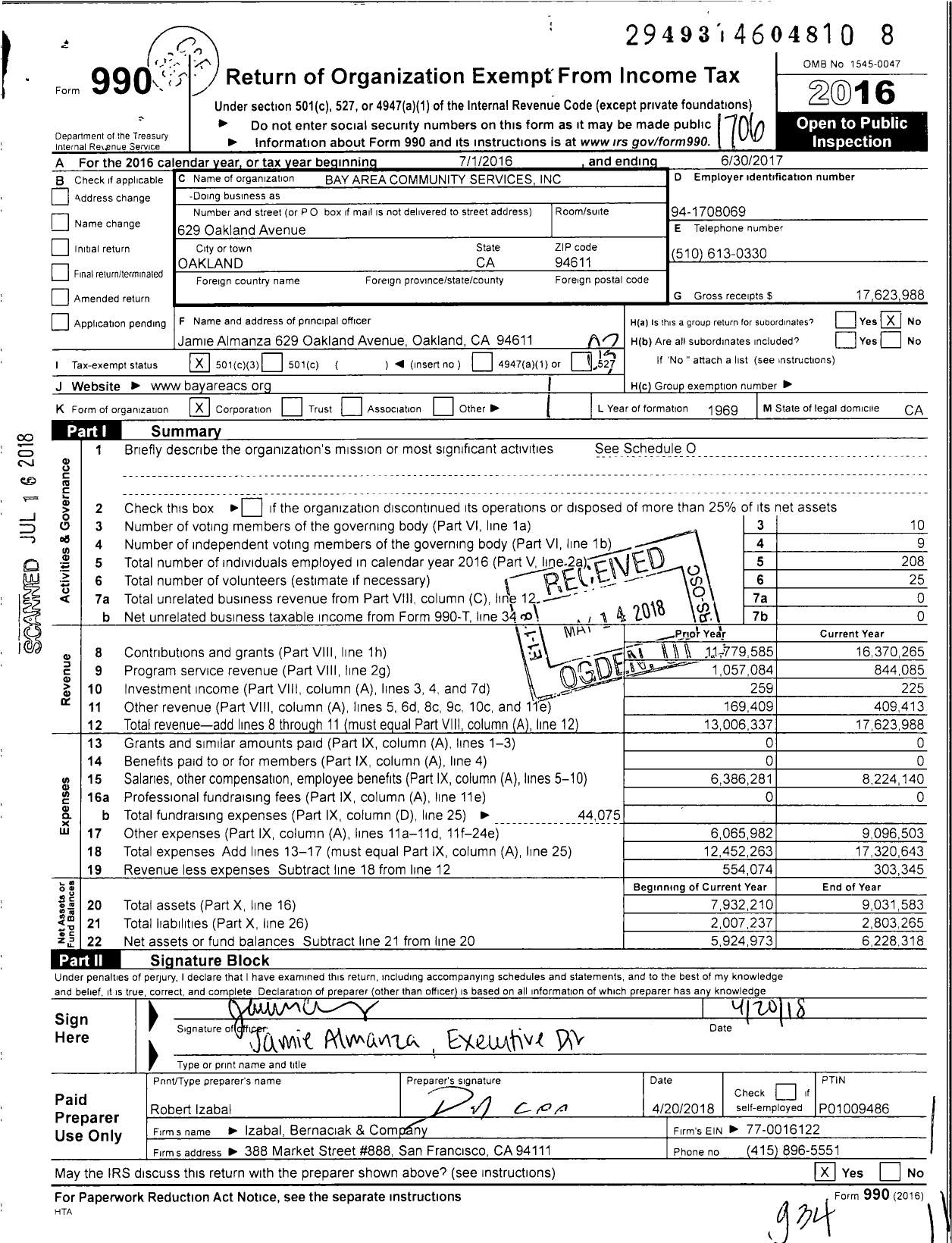 Image of first page of 2016 Form 990 for Bay Area Community Services