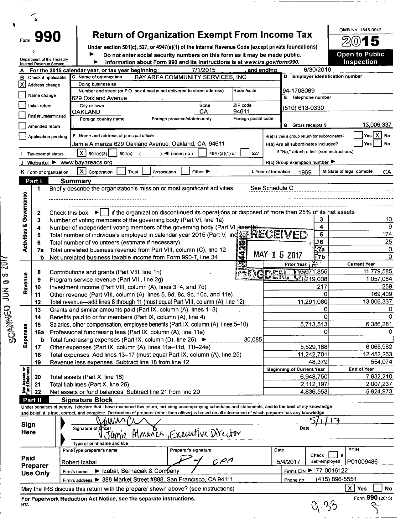Image of first page of 2015 Form 990 for Bay Area Community Services