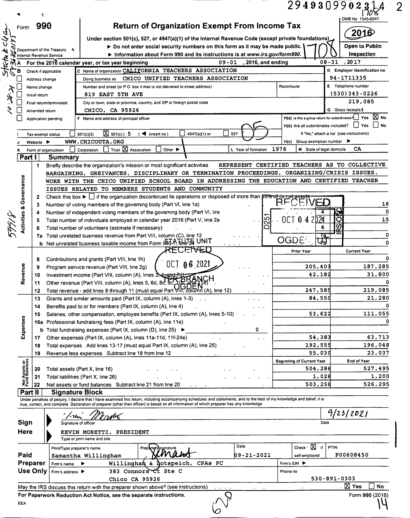 Image of first page of 2016 Form 990O for California Teachers Association - Chico Unified Teachers Assn