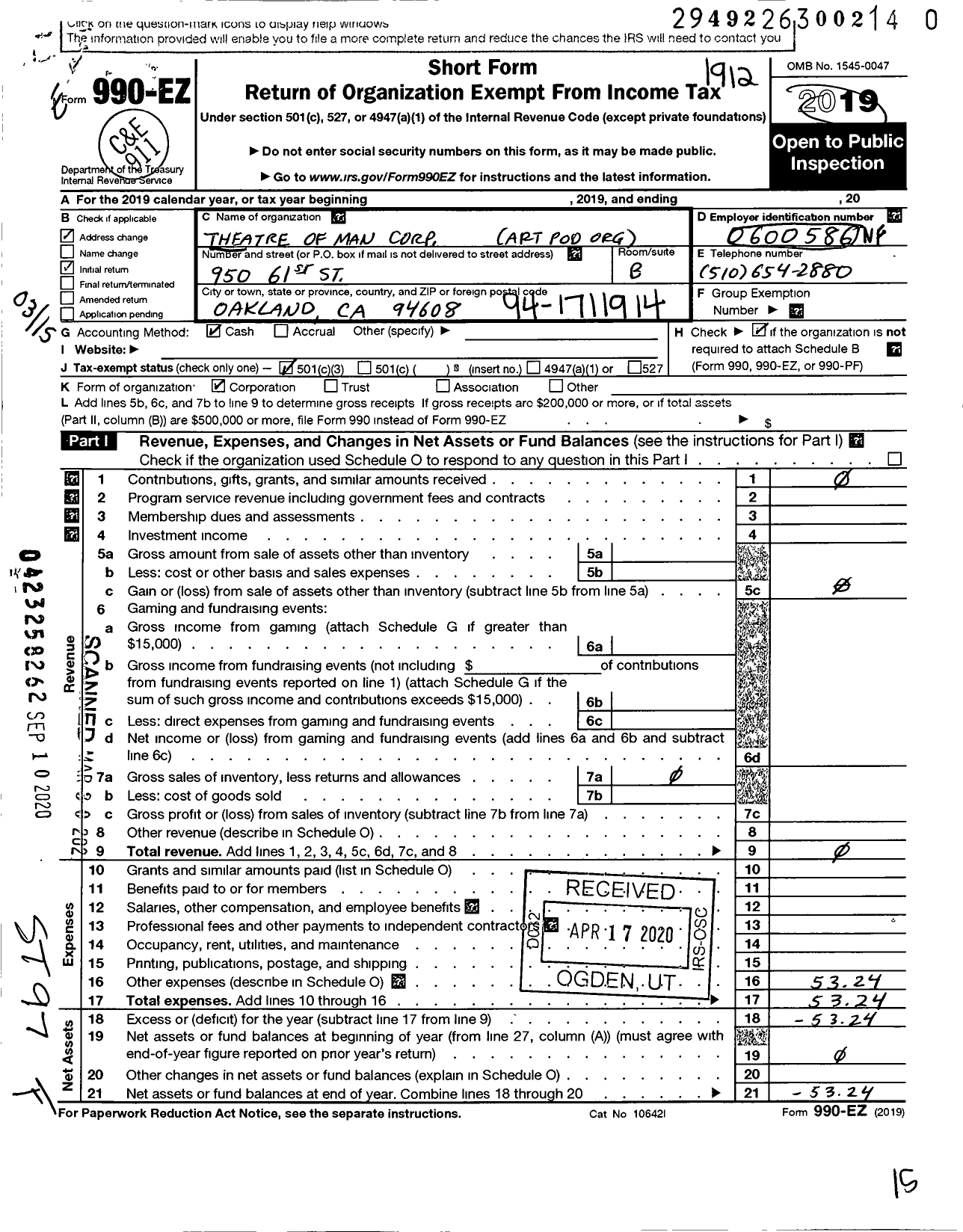 Image of first page of 2019 Form 990EZ for Theatre of Man