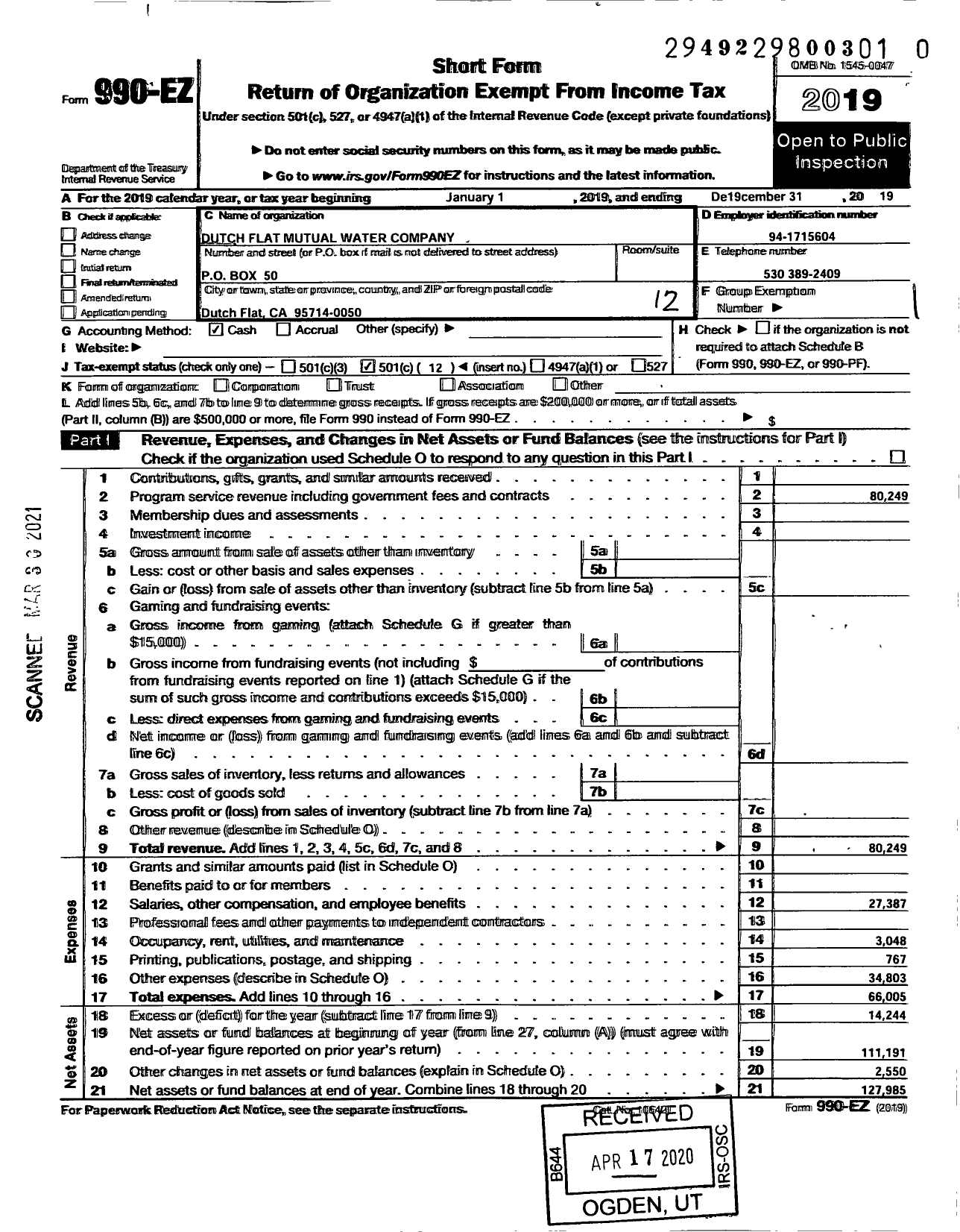 Image of first page of 2019 Form 990EO for Dutch Flat Mutual Water Company