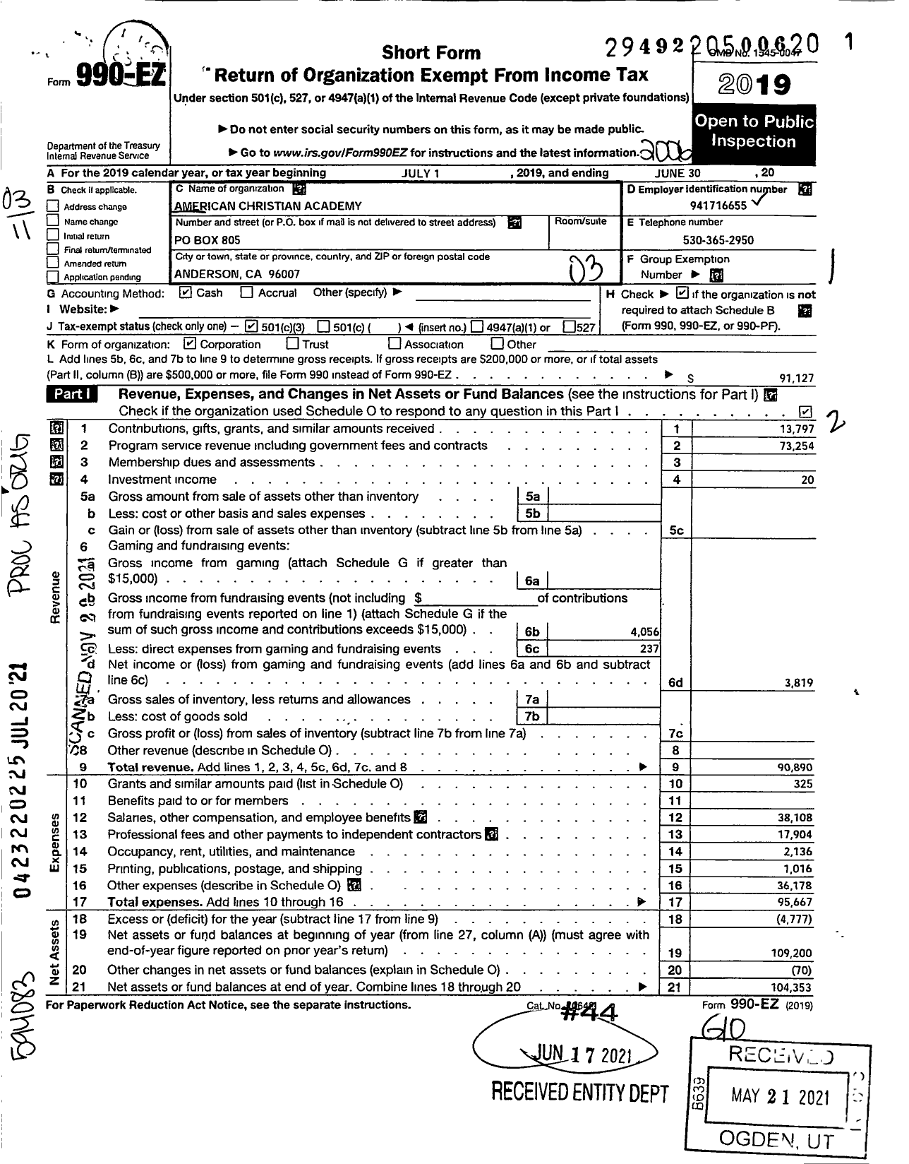 Image of first page of 2019 Form 990EZ for American Christian Academy