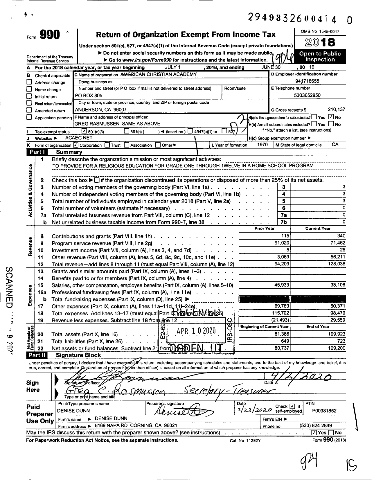 Image of first page of 2018 Form 990 for American Christian Academy