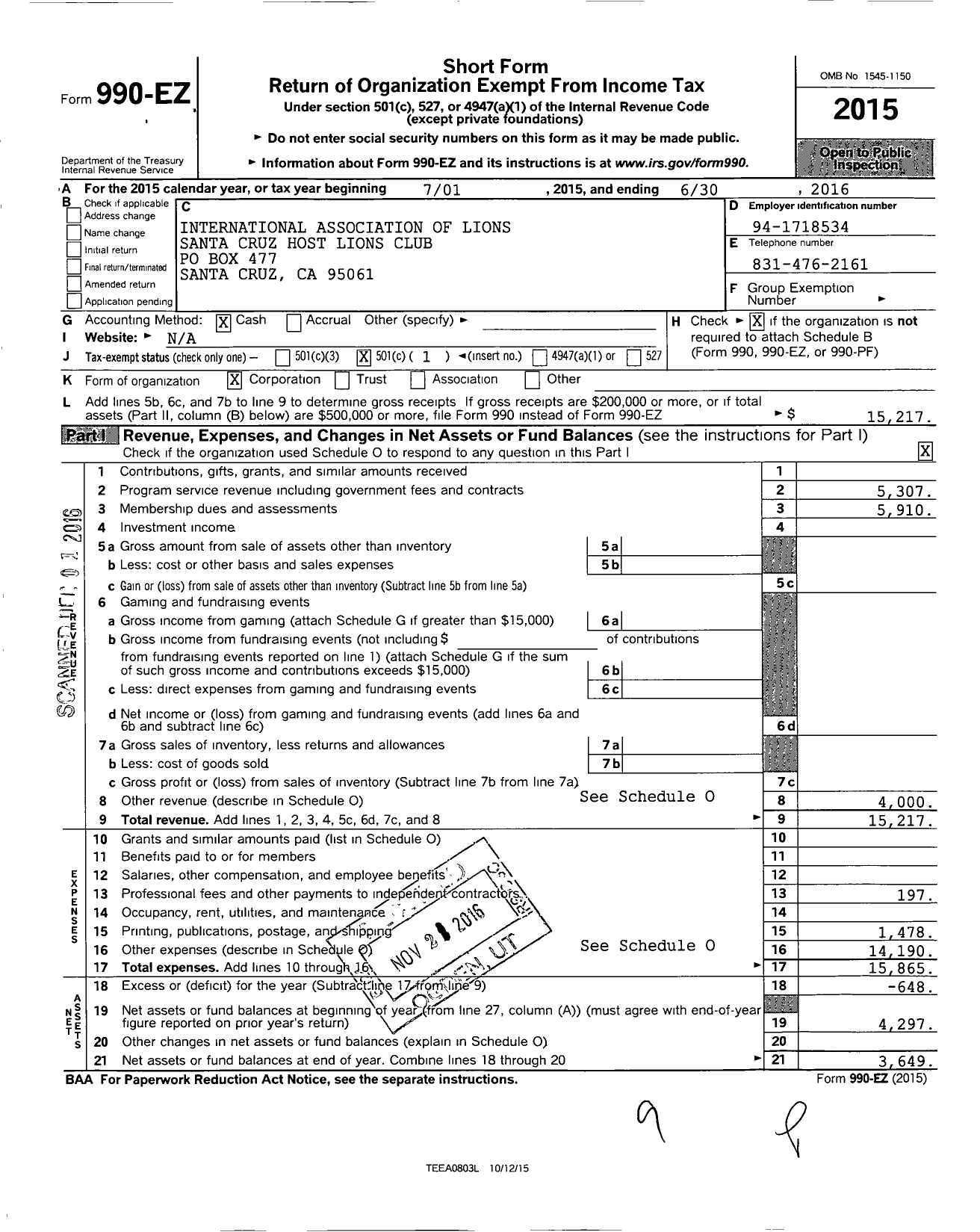 Image of first page of 2015 Form 990EO for International Association of Lions Clubs