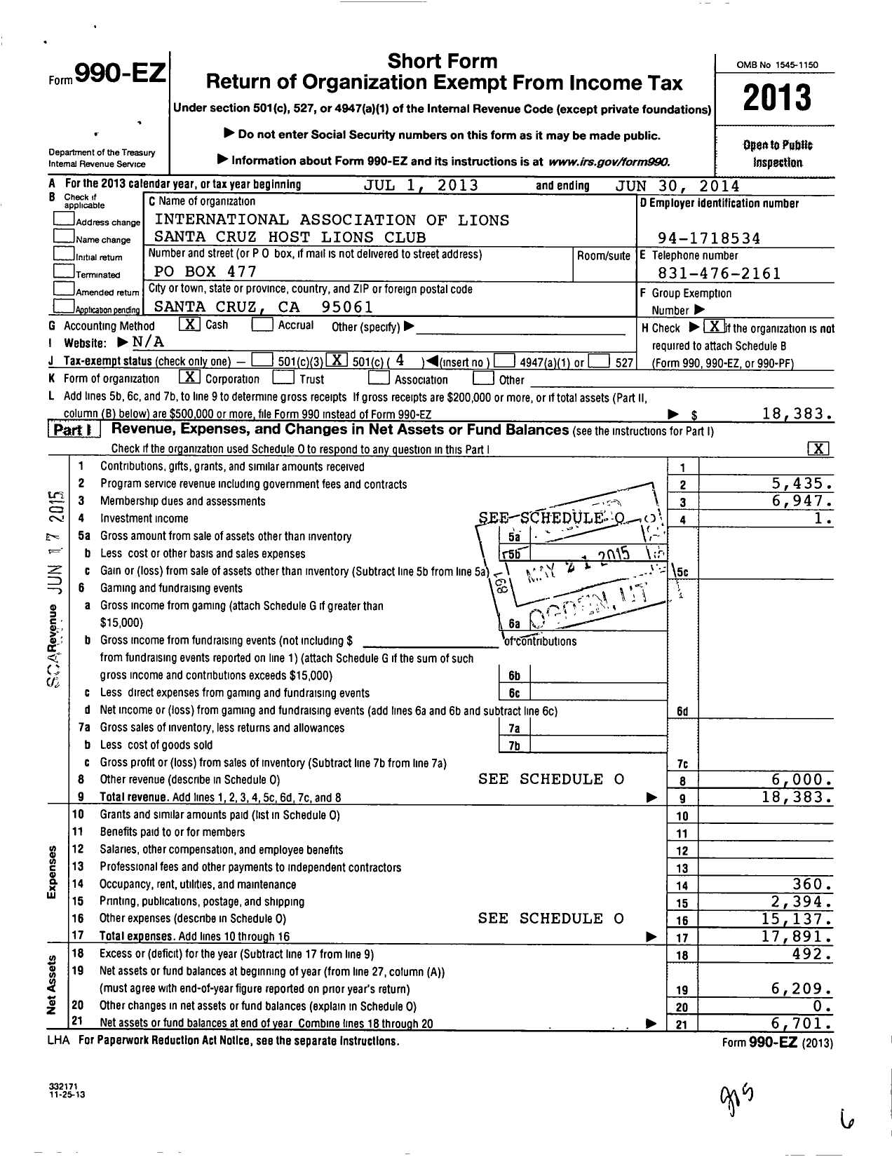 Image of first page of 2013 Form 990EO for International Association of Lions Clubs