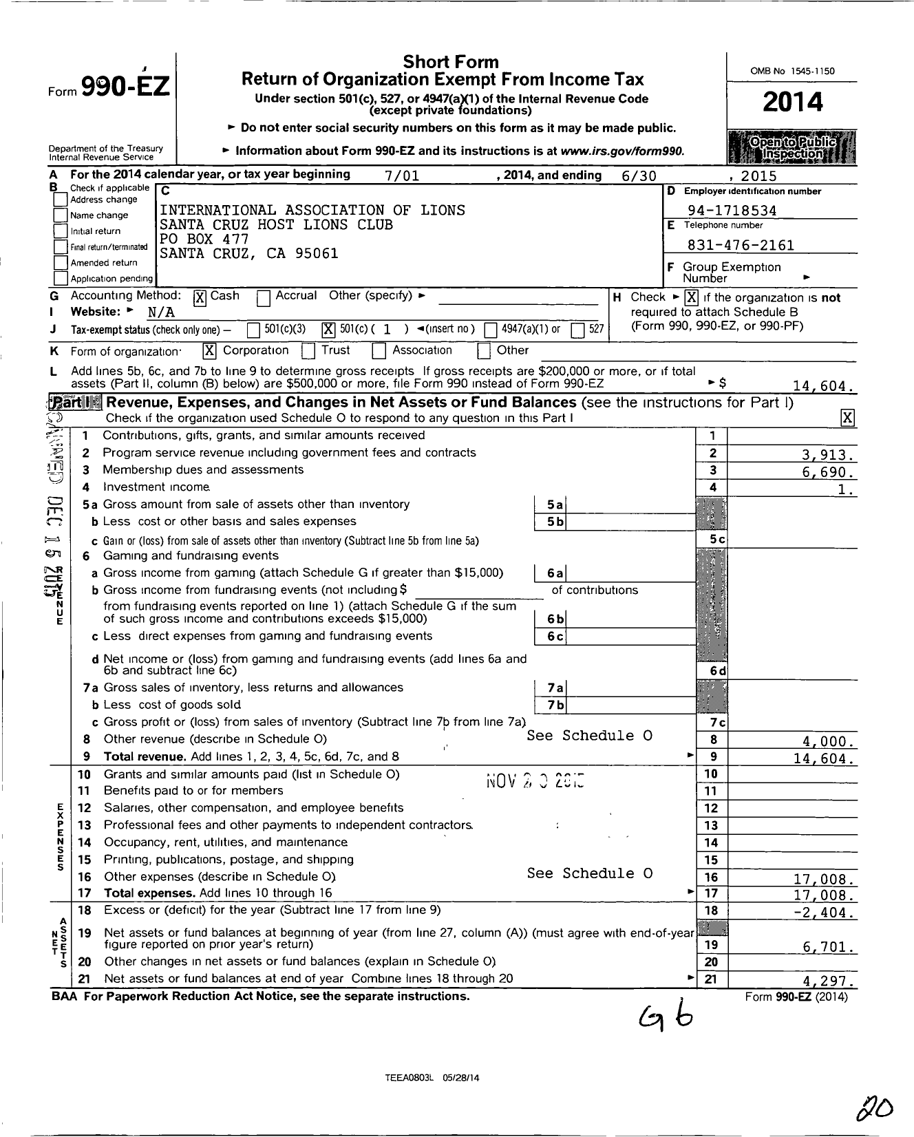 Image of first page of 2014 Form 990EO for International Association of Lions Clubs