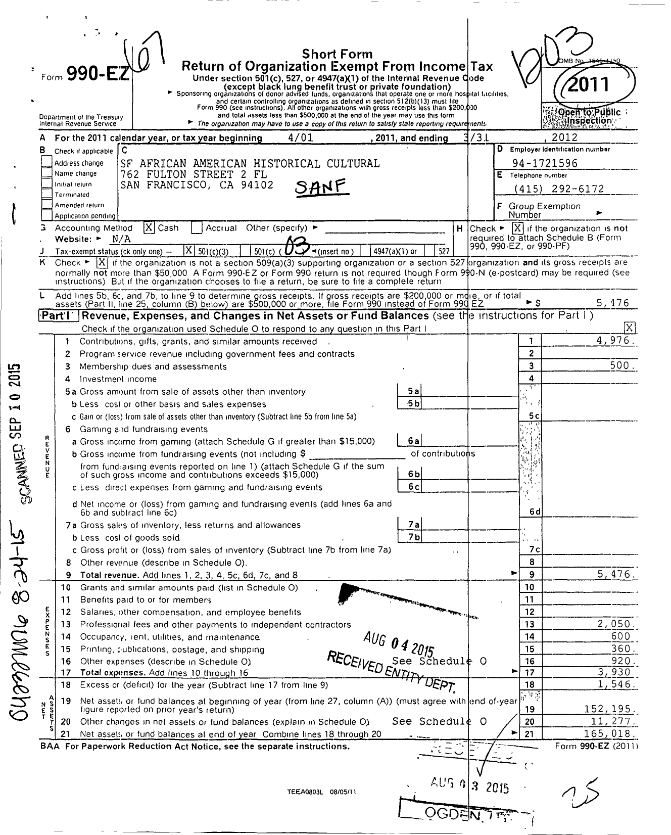 Image of first page of 2011 Form 990EZ for San Francisco African American Historical and Cultural Society