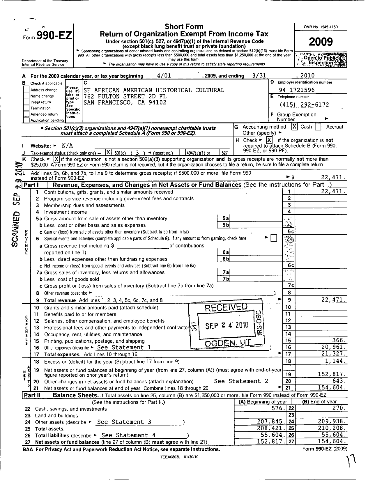 Image of first page of 2009 Form 990EZ for San Francisco African American Historical and Cultural Society