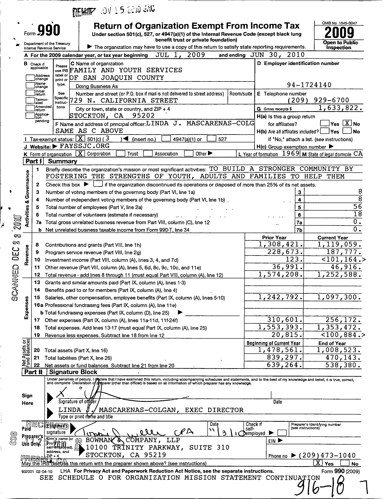 Image of first page of 2009 Form 990 for Family and Youth Services of San Joaquin County