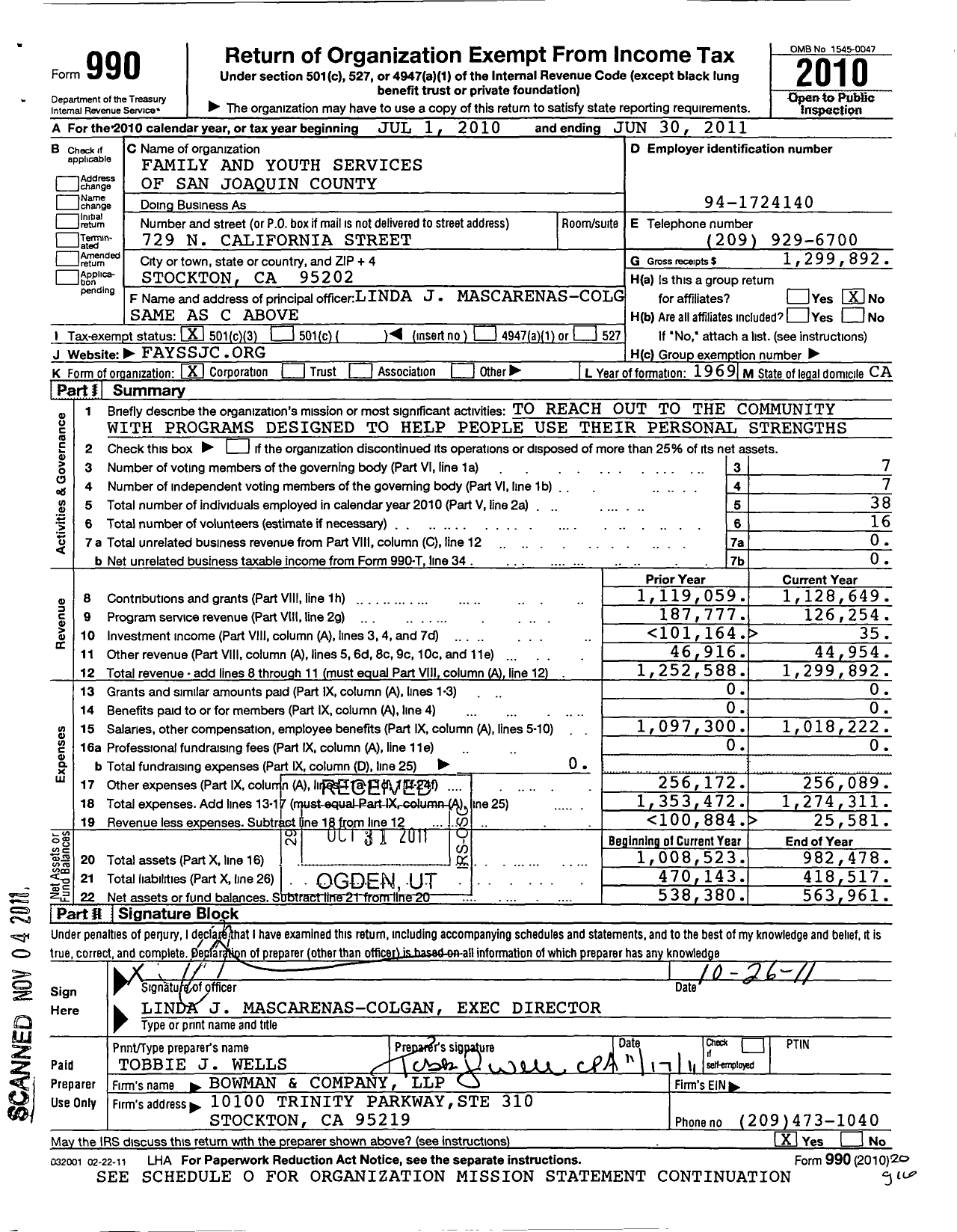 Image of first page of 2010 Form 990 for Family and Youth Services of San Joaquin County