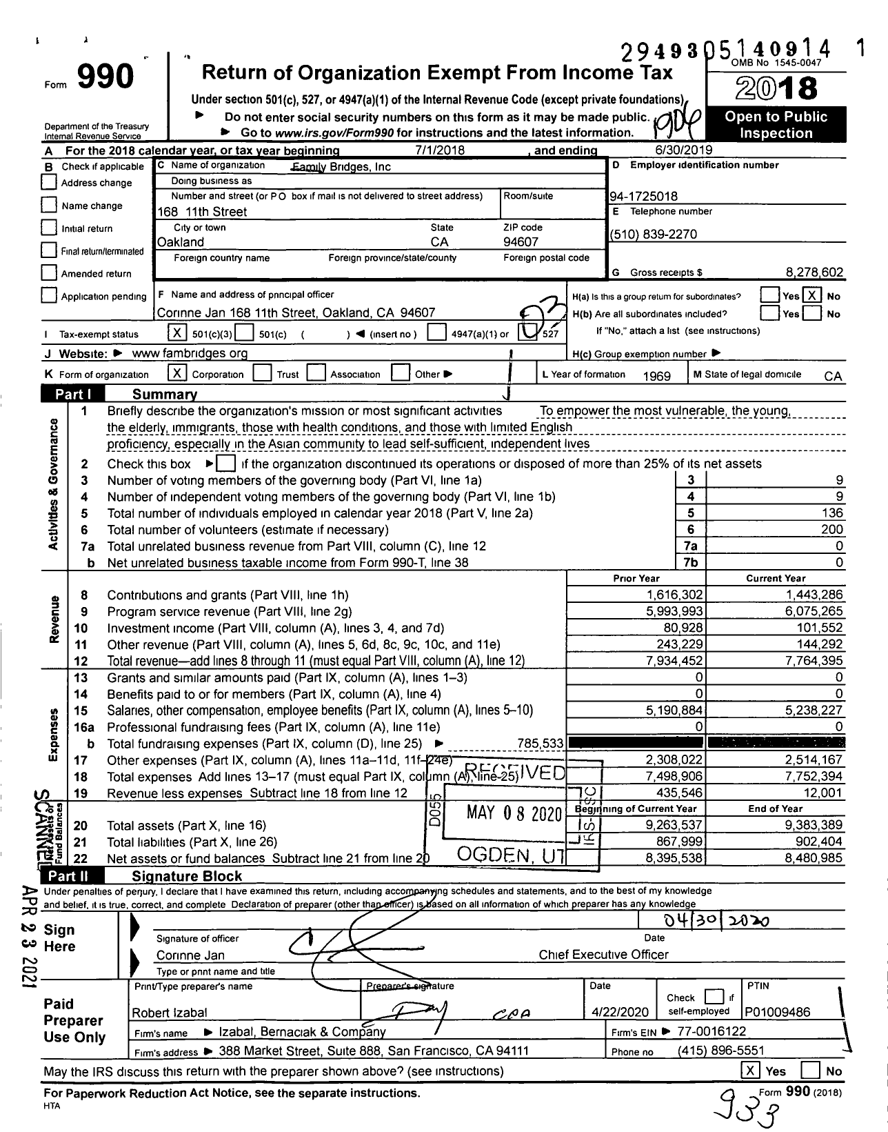Image of first page of 2018 Form 990 for Family Bridges