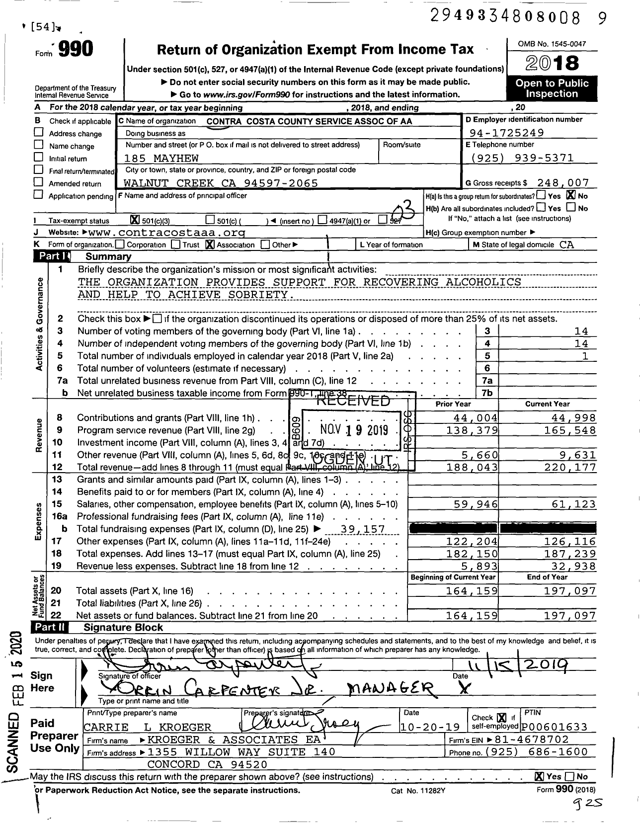 Image of first page of 2018 Form 990 for Contra Costa County Service Association of Aa