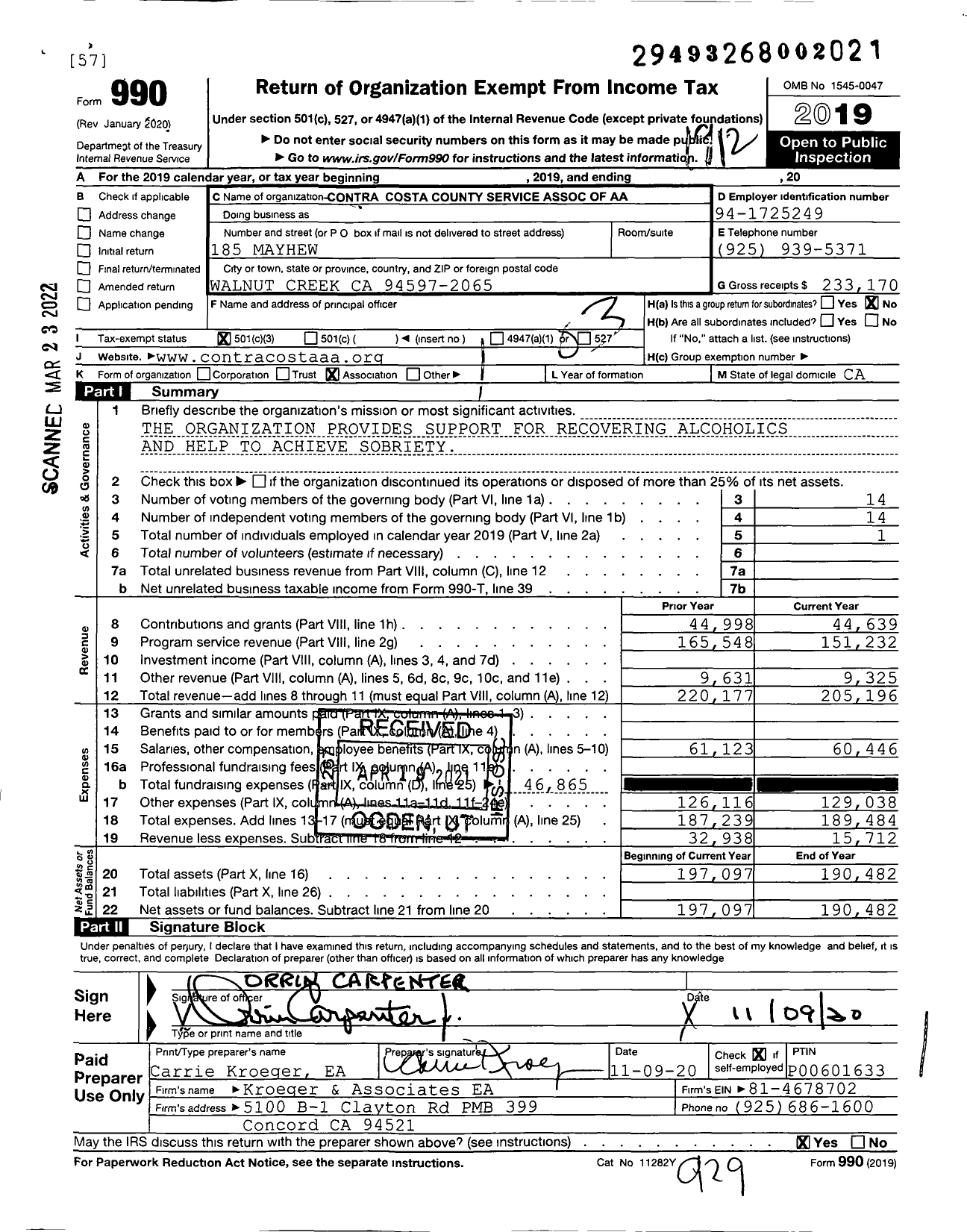 Image of first page of 2019 Form 990 for Contra Costa County Service Association of Aa