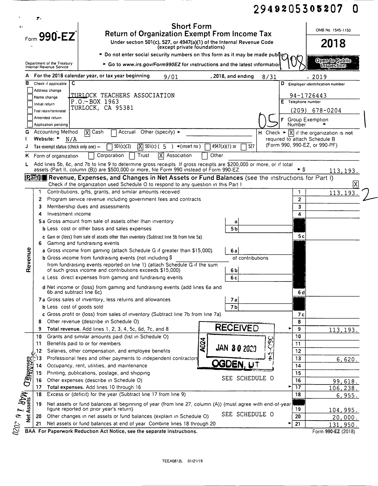 Image of first page of 2018 Form 990EO for Turlock Teachers Association