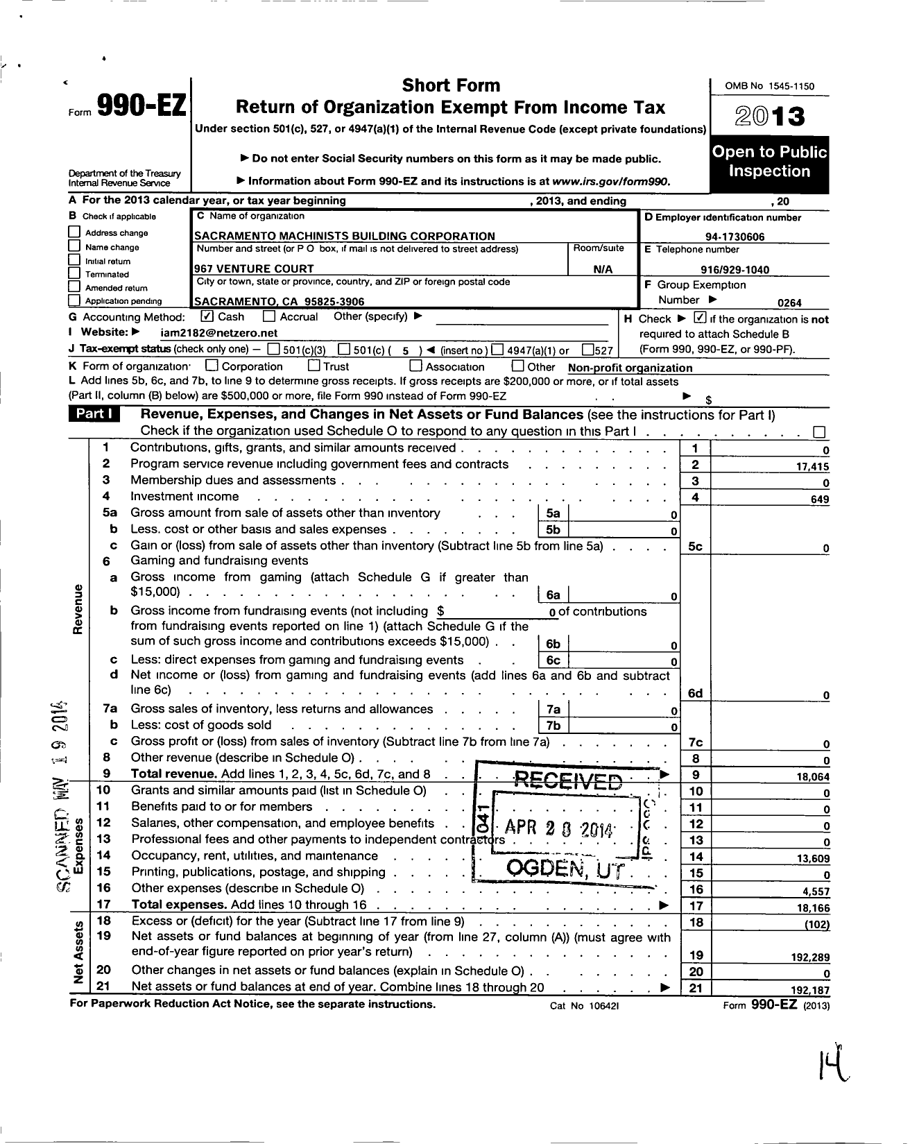 Image of first page of 2013 Form 990EO for International Association of Machinists and Aerospace Workers - 2182 Bldg Corp Iamaw LL
