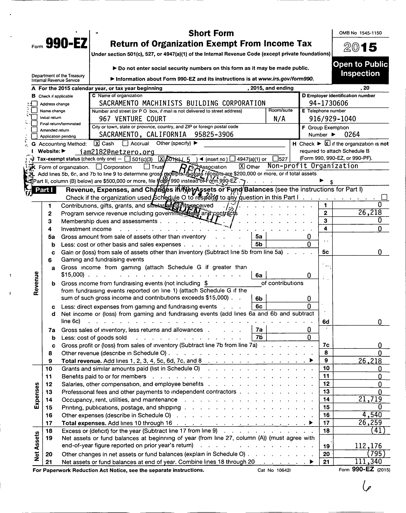 Image of first page of 2015 Form 990EO for International Association of Machinists and Aerospace Workers - 2182 Bldg Corp Iamaw LL