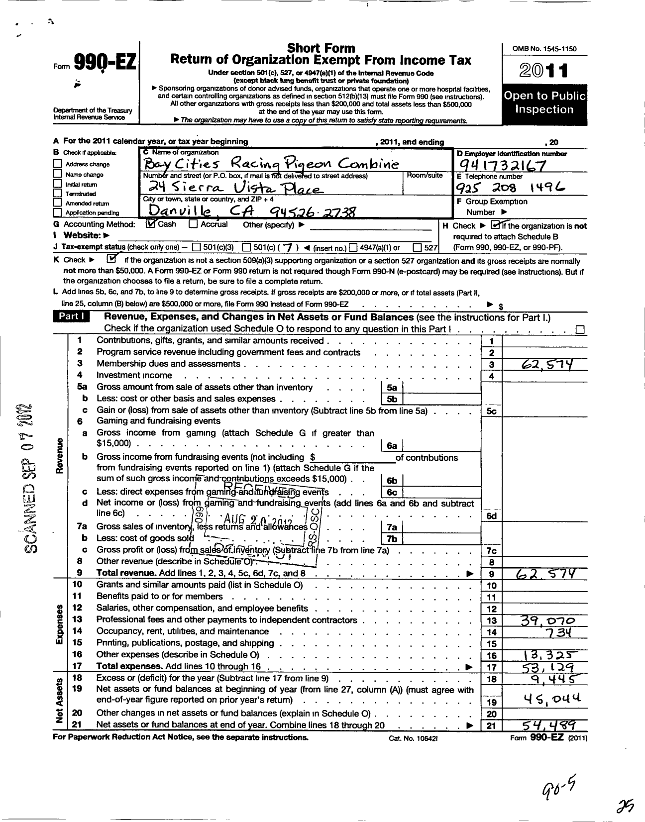 Image of first page of 2011 Form 990EO for Bay Cities Racing Pigeon Combine