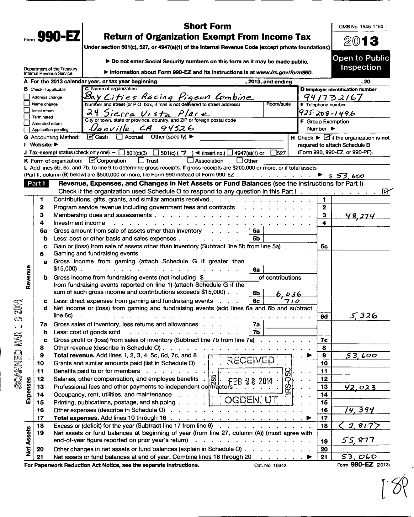 Image of first page of 2013 Form 990EO for Bay Cities Racing Pigeon Combine